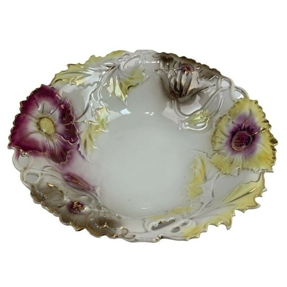 Vintage JPF Germany Serving Bowl 10" Floral Gilded Textured Cottagecore Veggies - Picture 1 of 12